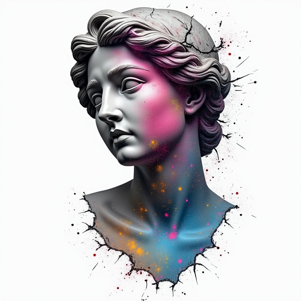 Broken skin showing universein distorted and fragmented tattoo design, featuring a classical statue bust, in a glitch art style with vibrant, overlapping colors of cyan, magenta, and yellow, creating a digital distortion effect - Variation 2