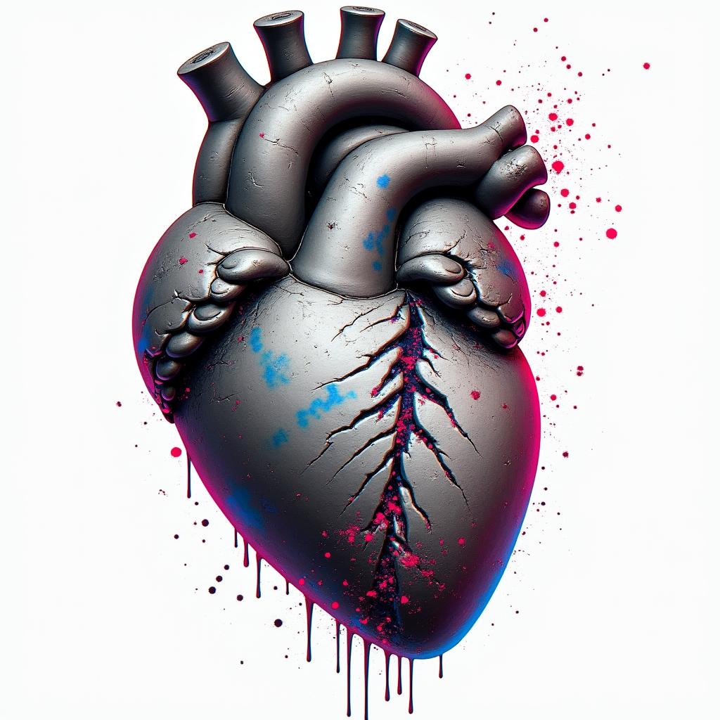 Broken heartin distorted and fragmented tattoo design, featuring a classical statue bust, in a glitch art style with vibrant, overlapping colors of cyan, magenta, and yellow, creating a digital distortion effect - Variation 4