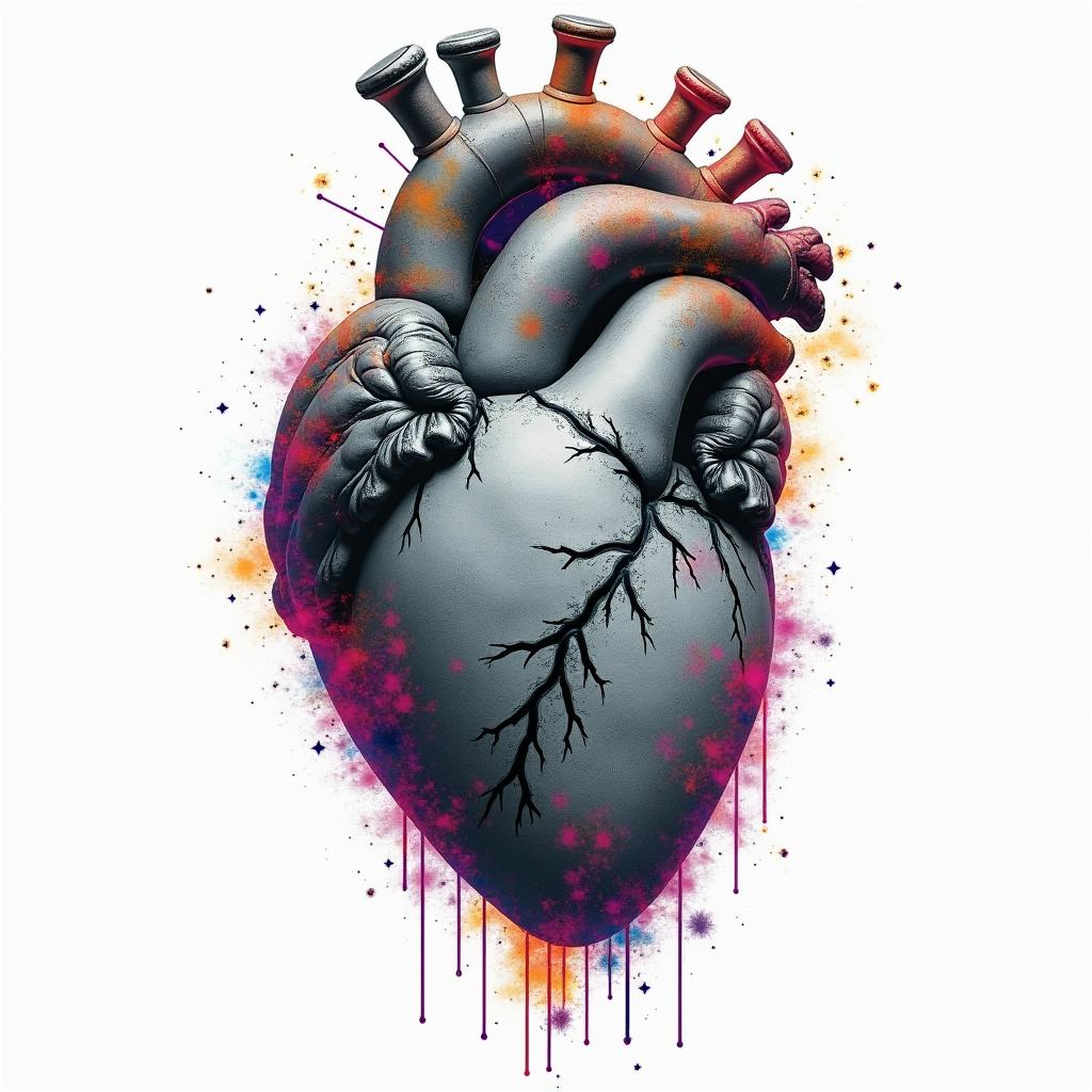 Broken heartin distorted and fragmented tattoo design, featuring a classical statue bust, in a glitch art style with vibrant, overlapping colors of cyan, magenta, and yellow, creating a digital distortion effect - Variation 2