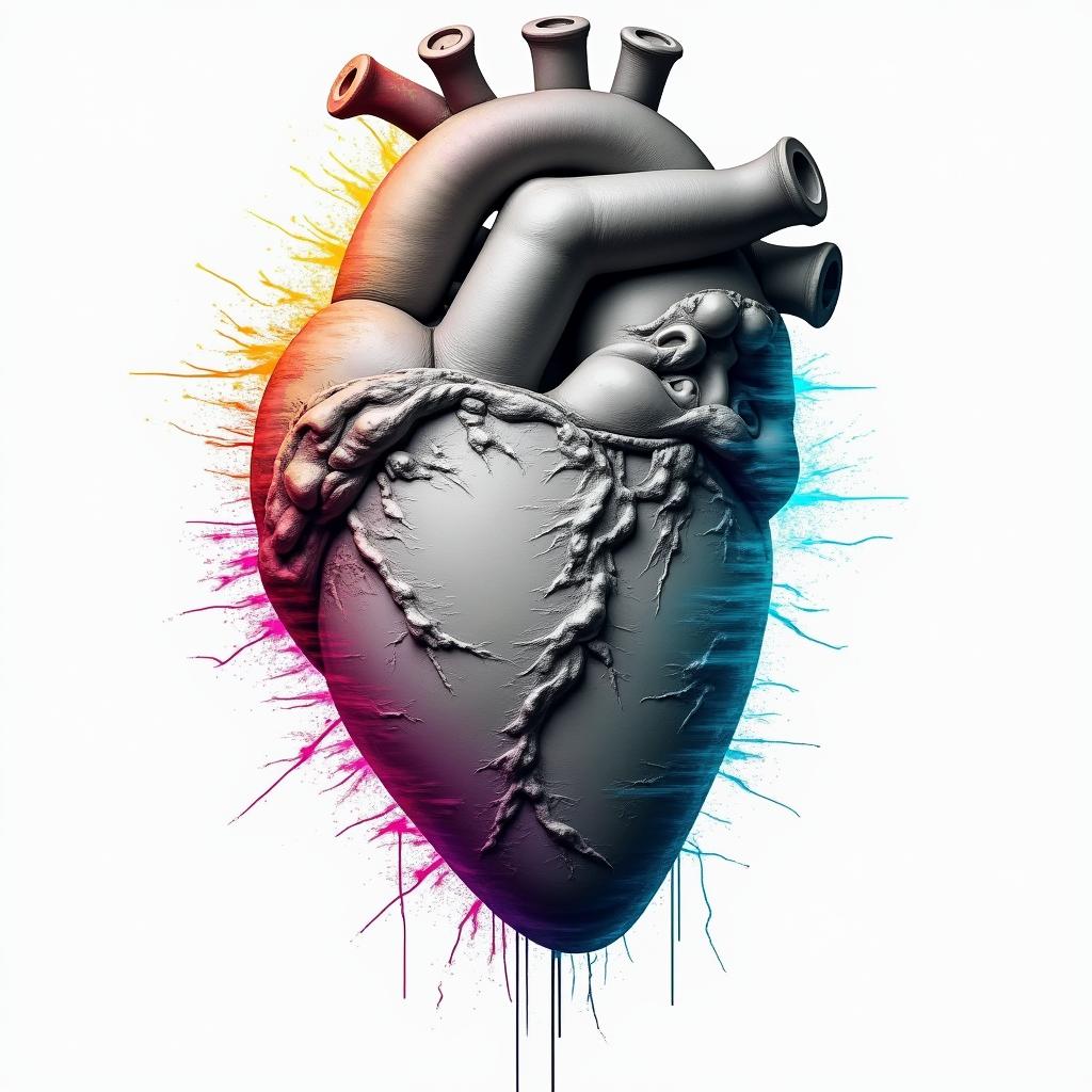 Broken heartin distorted and fragmented tattoo design, featuring a classical statue bust, in a glitch art style with vibrant, overlapping colors of cyan, magenta, and yellow, creating a digital distortion effect