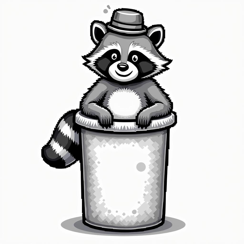 Raccoon with a hat in a trash can. Line and shadow style only.in 8-bit tattoo style, minimalistic pixel style tattoo, pixel art with simplified shapes and retro gaming visuals, inspired by 8-bit pixel based detailing - Variation 2