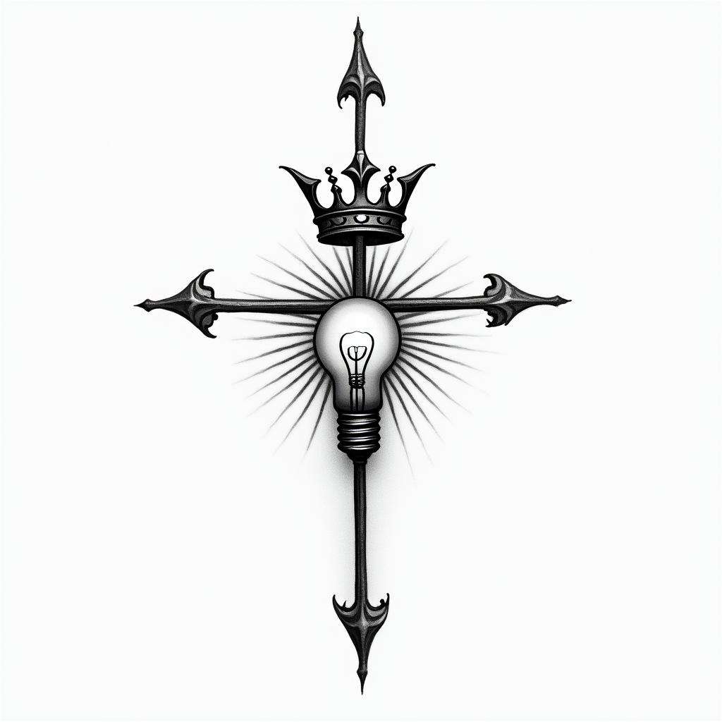 “Love yours” with a crown after horizontal and “bee the light” vertical with a lightbulb in the shape of a crosshigly detailed tattoo