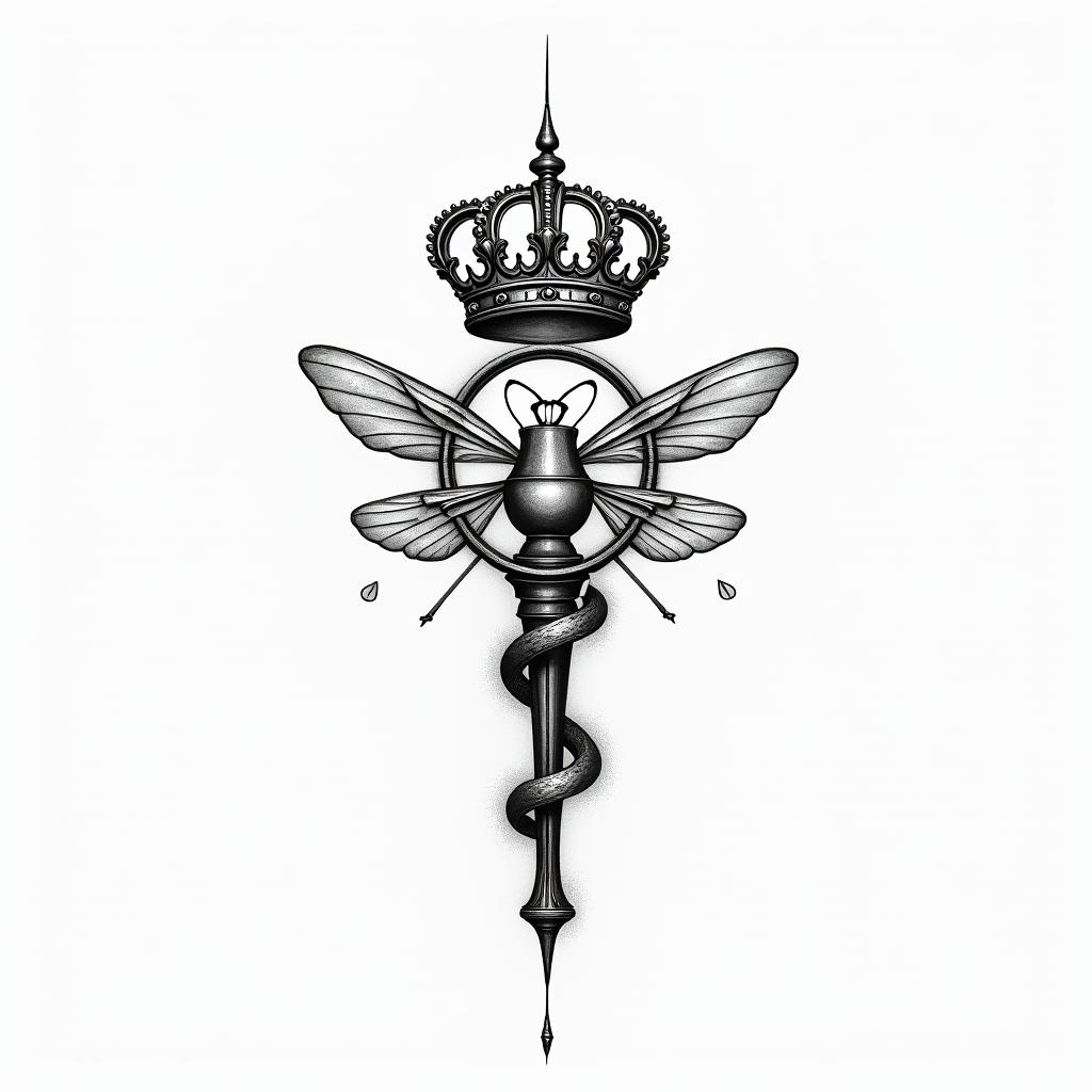 “Love yours” with a crown after horizontal and “bee the light” vertical with a lightbulb in the shape of a crosshigly detailed tattoo - Variation 3