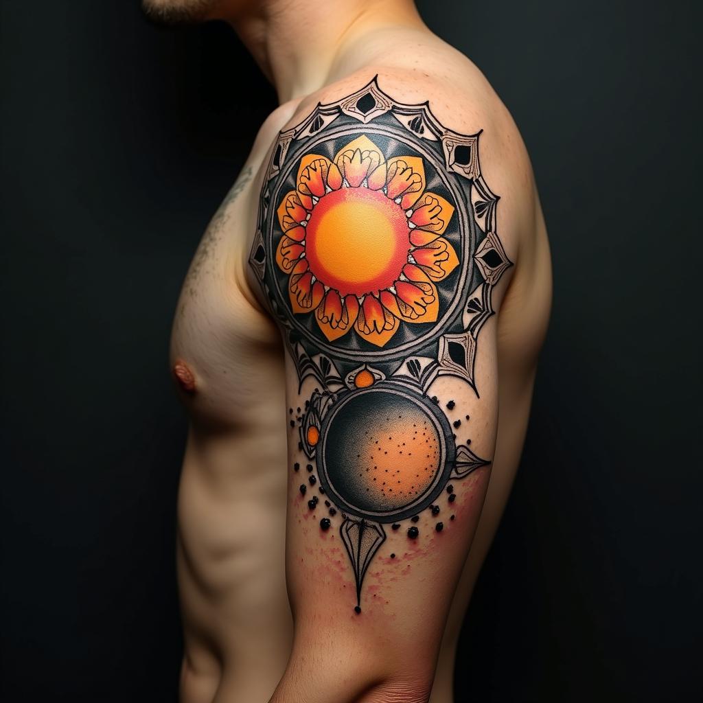 Sun and moon intertwined, glowingin dotwork style tattoo, complex mandala patterns, interlocking geometric shapes with sharp symmetry, clean lines, sharp angles - Variation 5