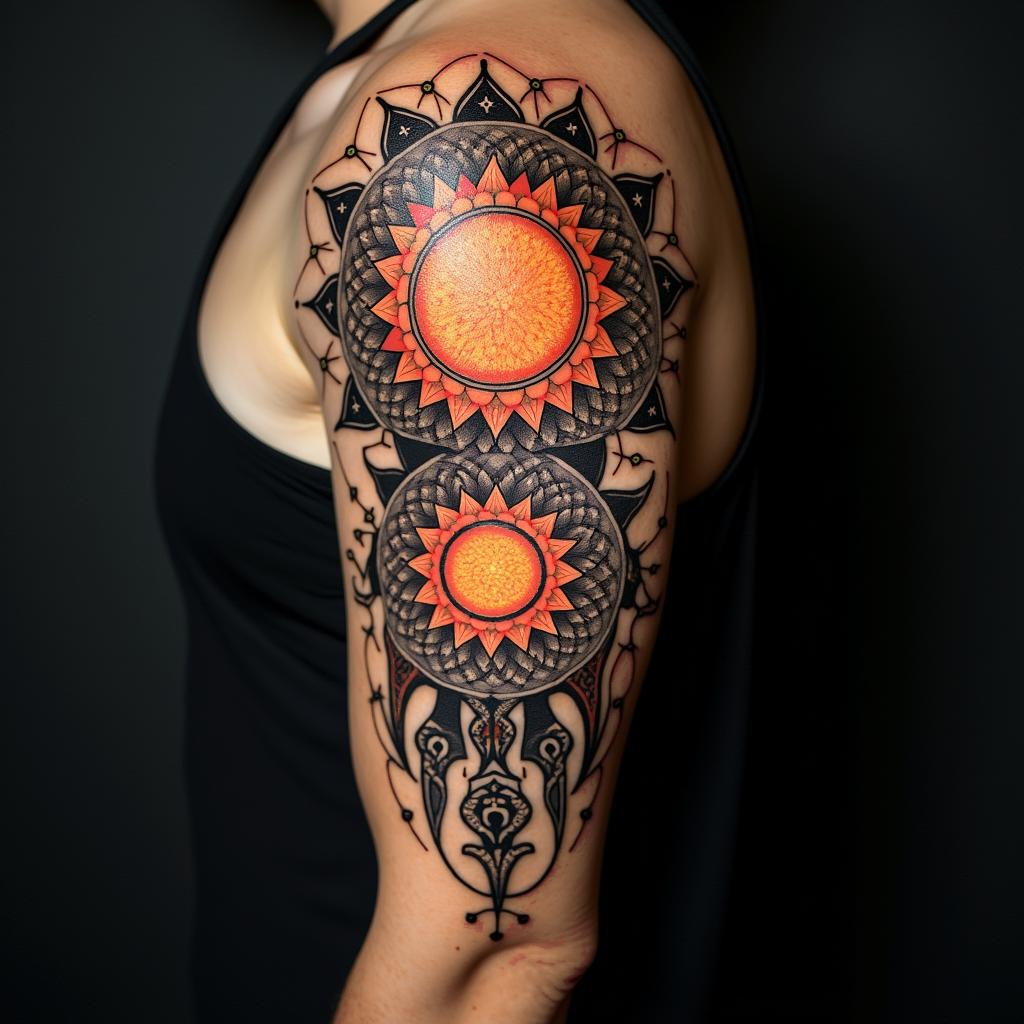 Sun and moon intertwined, glowingin dotwork style tattoo, complex mandala patterns, interlocking geometric shapes with sharp symmetry, clean lines, sharp angles - Variation 8