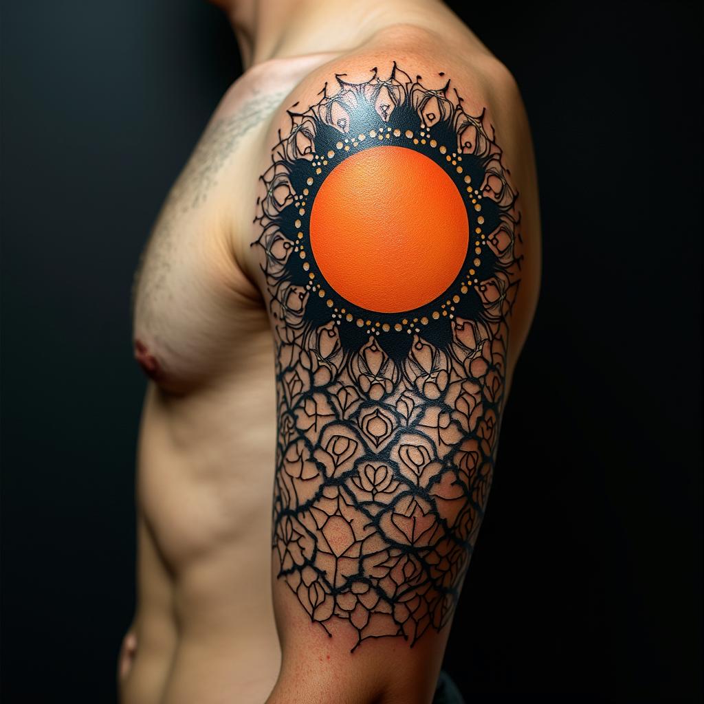 Sun and moon intertwined, glowingin dotwork style tattoo, complex mandala patterns, interlocking geometric shapes with sharp symmetry, clean lines, sharp angles - Variation 7