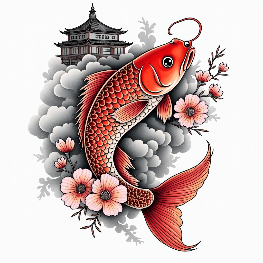 Irezumi style tattoo with a red koy fish,hannya mask, Japanese castle, pink flowersin japanese style tattoo, detailed tattoo, traditional japanese culture tattoo, mythology, 8k