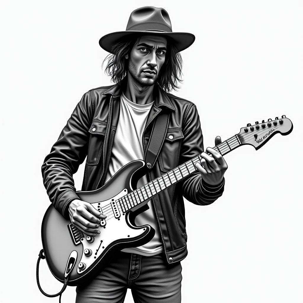 Poor outdoors guitaristin new school tattoo, pop culture, modern, detailed tattoo, illustrative - Variation 3