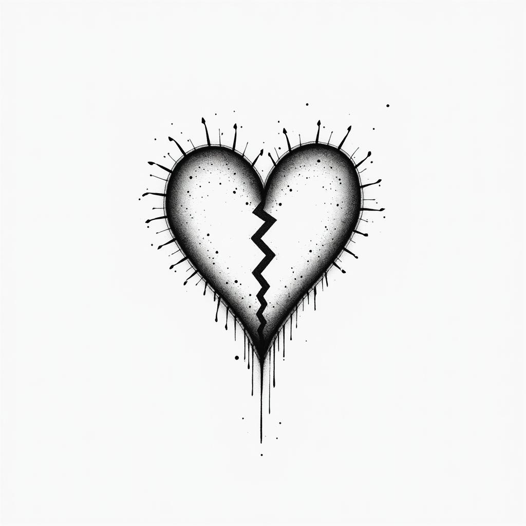 Broken heartin minimalist style tattoo, featuring simple shapes and fine lines, with minimal shading and details, tiny triangles, creating a sense of balance and harmony - Variation 5