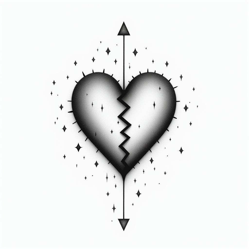 Broken heartin minimalist style tattoo, featuring simple shapes and fine lines, with minimal shading and details, tiny triangles, creating a sense of balance and harmony - Variation 6
