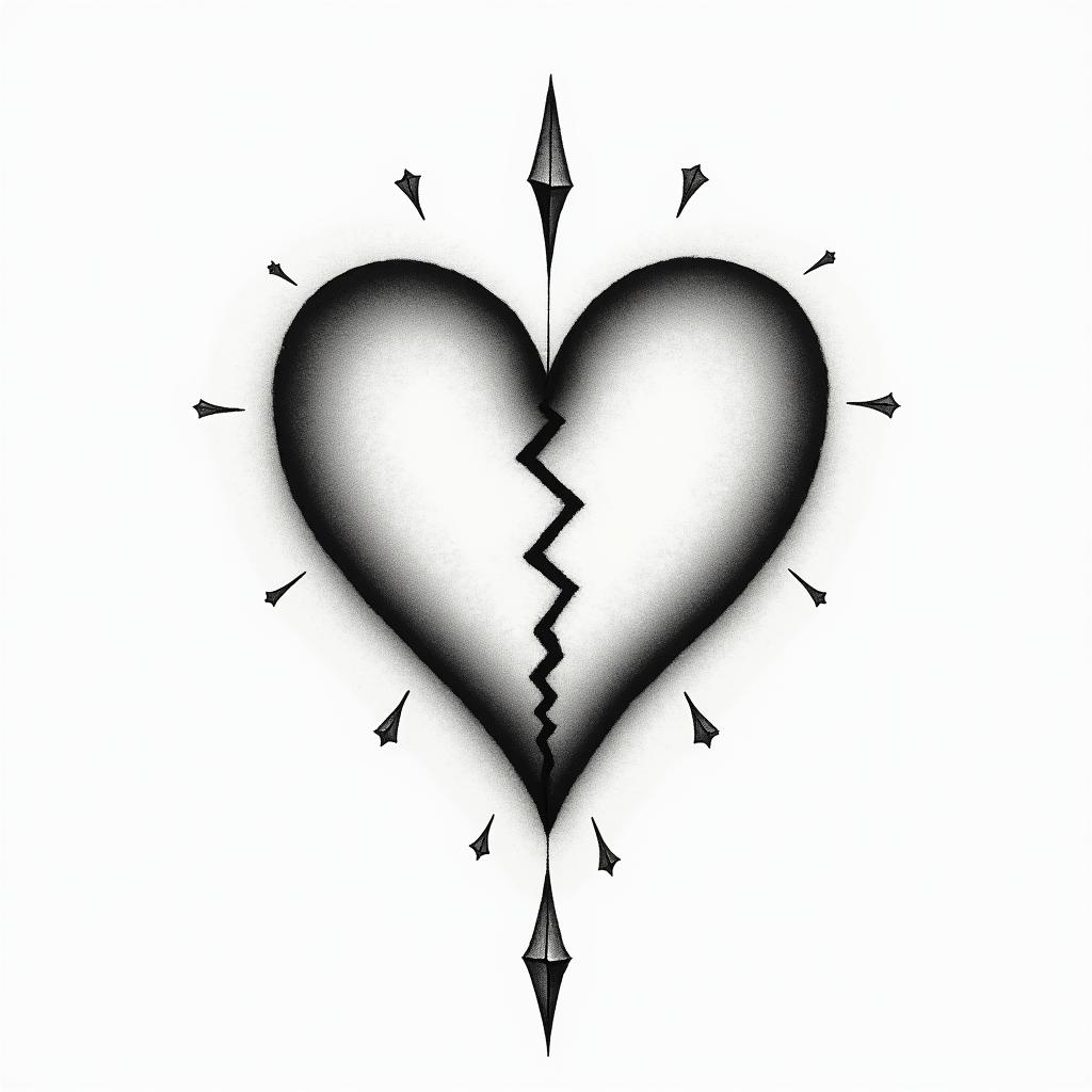 Broken heartin minimalist style tattoo, featuring simple shapes and fine lines, with minimal shading and details, tiny triangles, creating a sense of balance and harmony - Variation 7