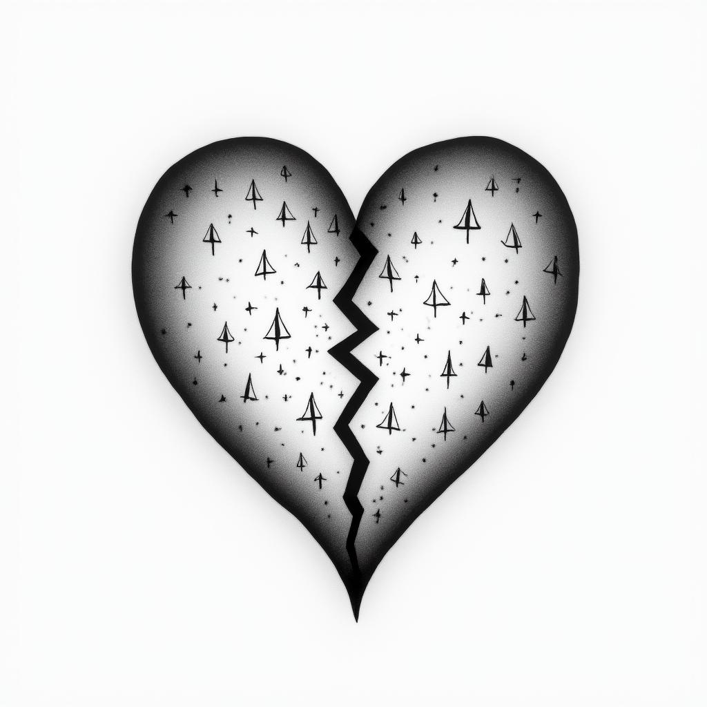 Broken heartin minimalist style tattoo, featuring simple shapes and fine lines, with minimal shading and details, tiny triangles, creating a sense of balance and harmony - Variation 8