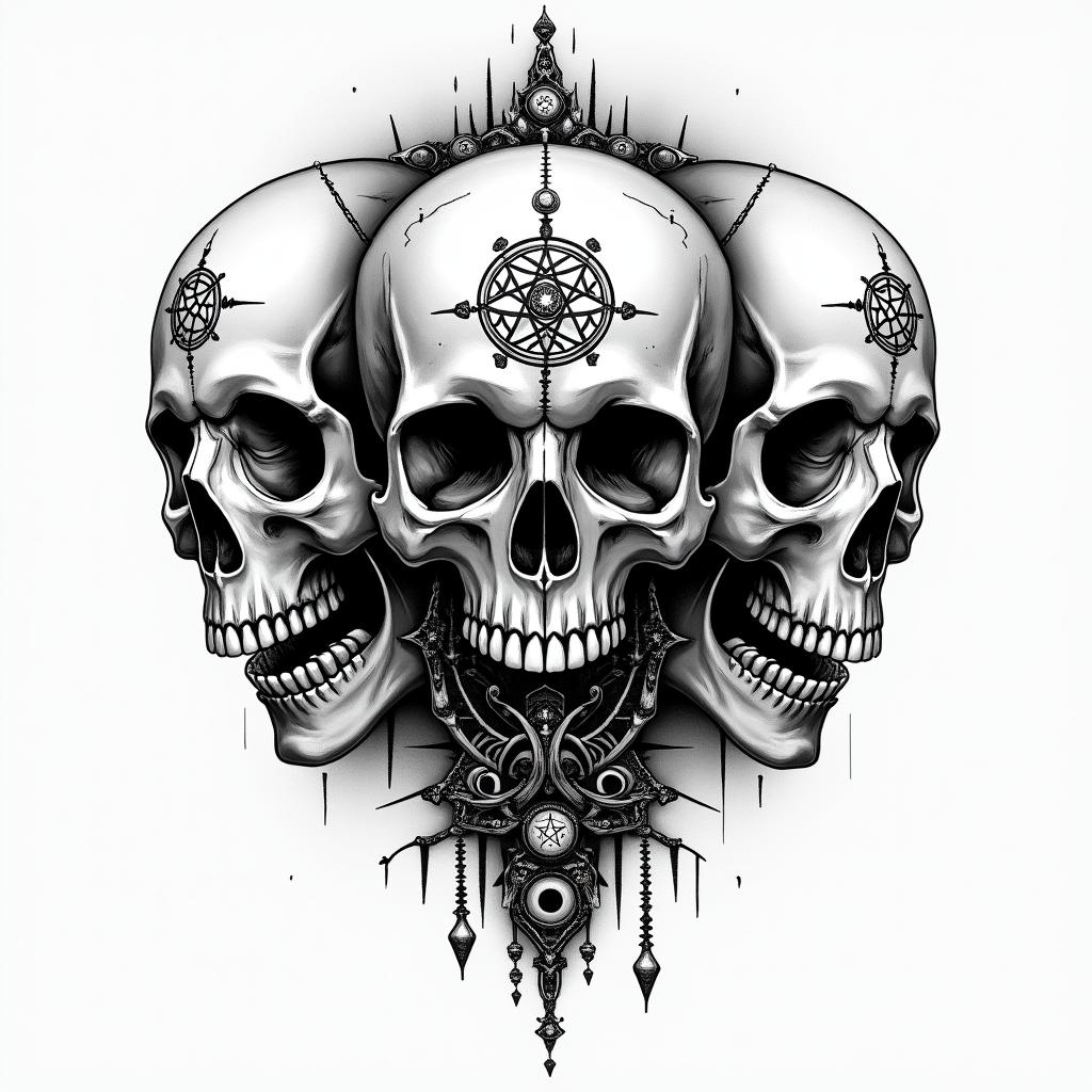 Three skulls one with the can't speak, one with the can't hear, one with can't seein paganic style tattoo, featuring ancient symbols, add vegvisir symbol, mystical figures, incorporating designs, pentagrams, runes, crescent moons, - Variation 3