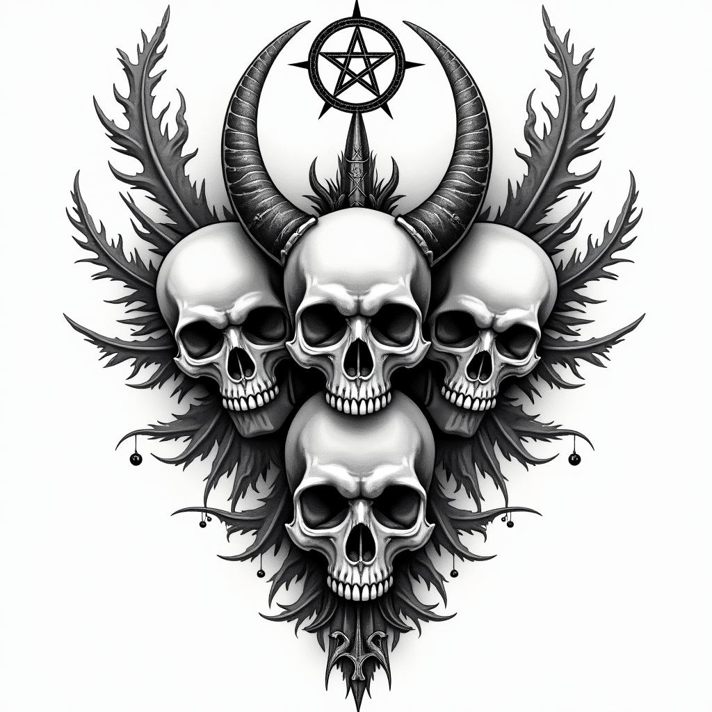 Three skulls one with the can't speak, one with the can't hear, one with can't seein paganic style tattoo, featuring ancient symbols, add vegvisir symbol, mystical figures, incorporating designs, pentagrams, runes, crescent moons, - Variation 4