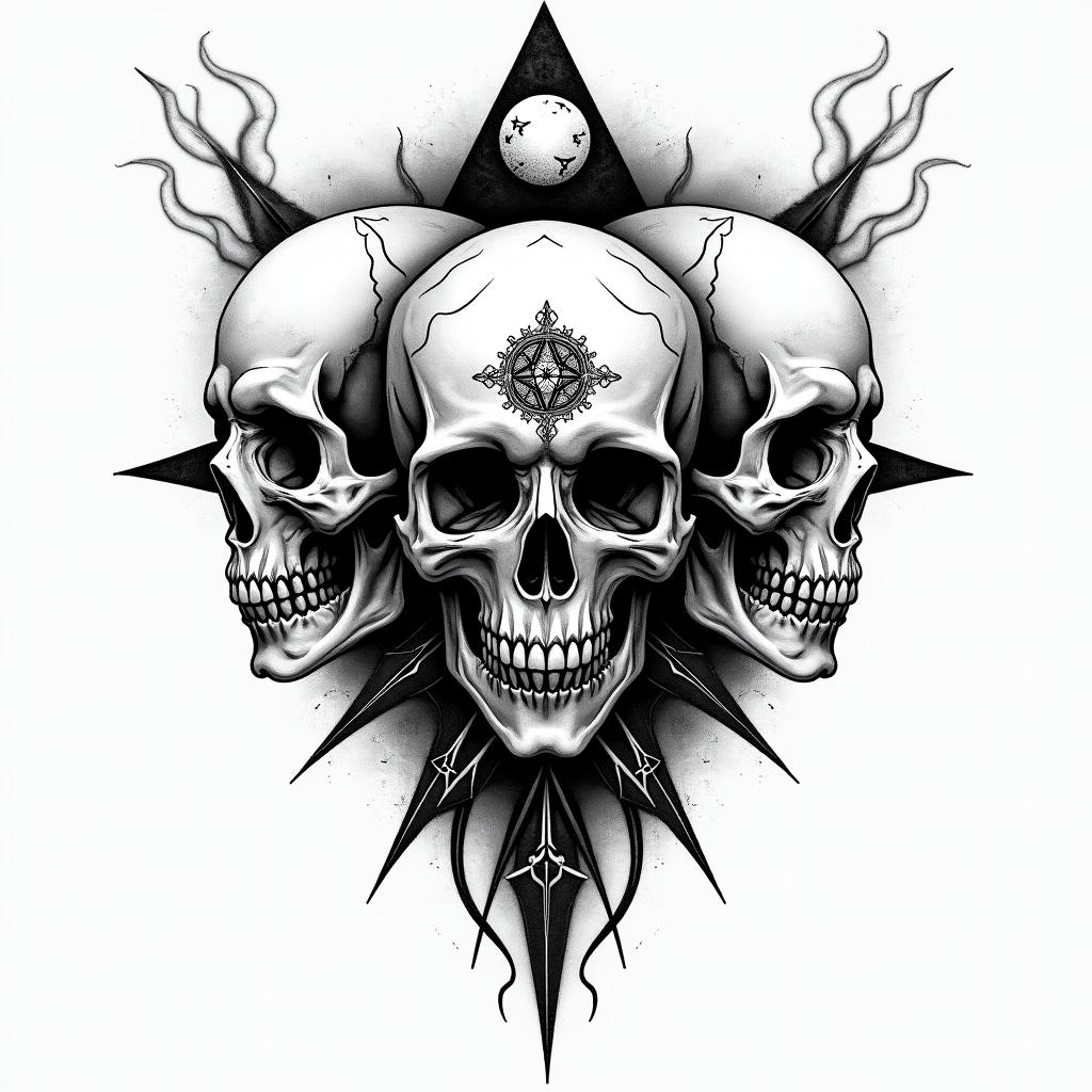 Three skulls one with the can't speak, one with the can't hear, one with can't seein paganic style tattoo, featuring ancient symbols, add vegvisir symbol, mystical figures, incorporating designs, pentagrams, runes, crescent moons, - Variation 2