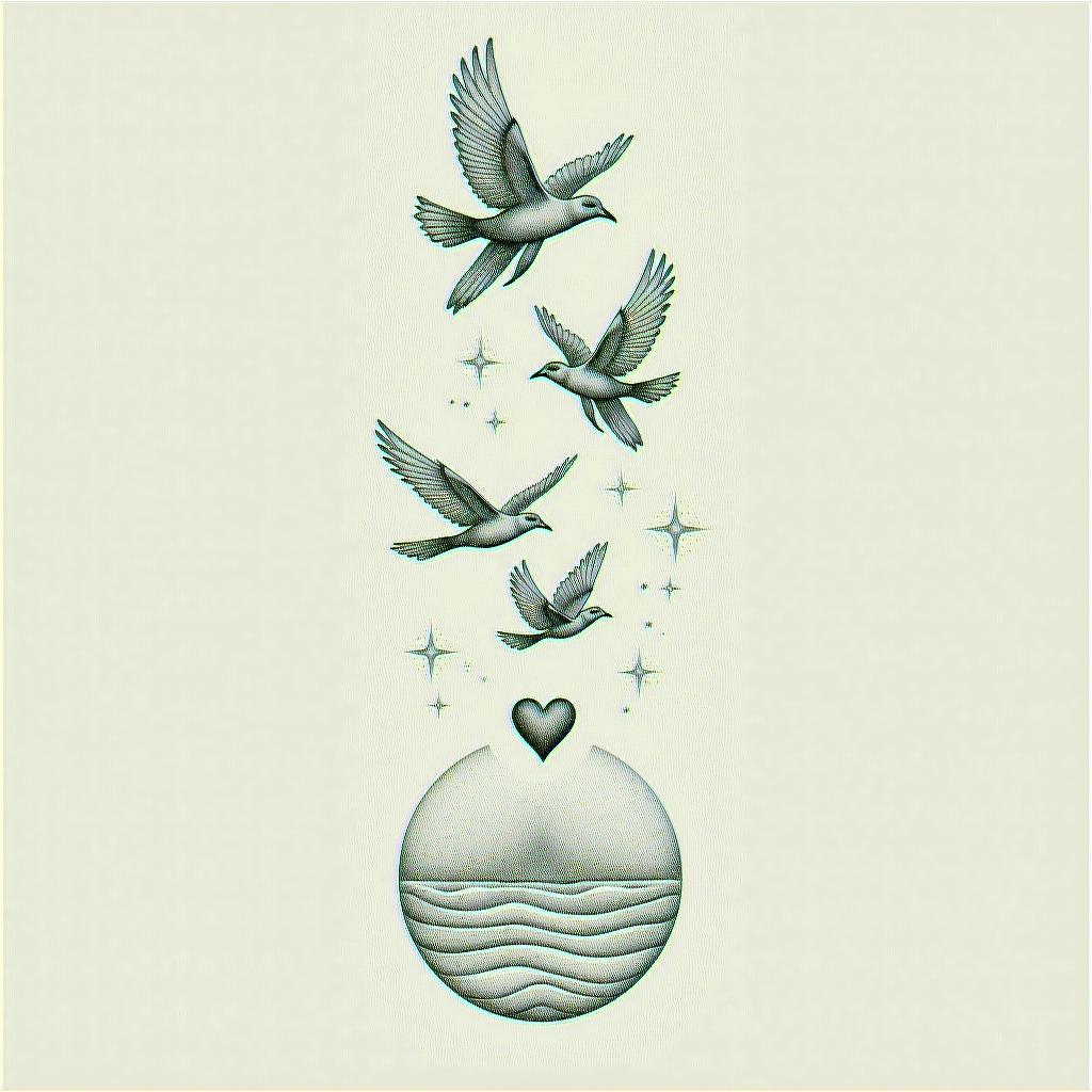 “It’s a leap of faith” with birds flyingin Modest style tattoo, featuring soft, delicate line work with simple and meaningful symbols, gentle waves, a heart, evoking a sense of serenity and grace, - Variation 4