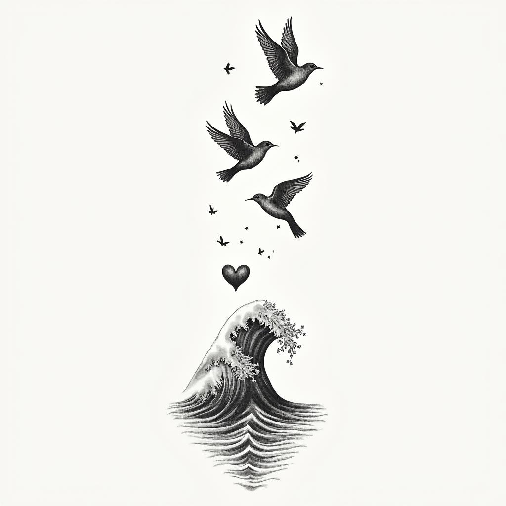 “It’s a leap of faith” with birds flyingin Modest style tattoo, featuring soft, delicate line work with simple and meaningful symbols, gentle waves, a heart, evoking a sense of serenity and grace, - Variation 2