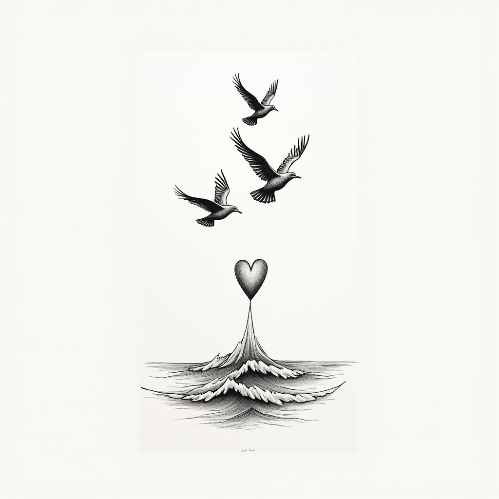 “It’s a leap of faith” with birds flyingin Modest style tattoo, featuring soft, delicate line work with simple and meaningful symbols, gentle waves, a heart, evoking a sense of serenity and grace,