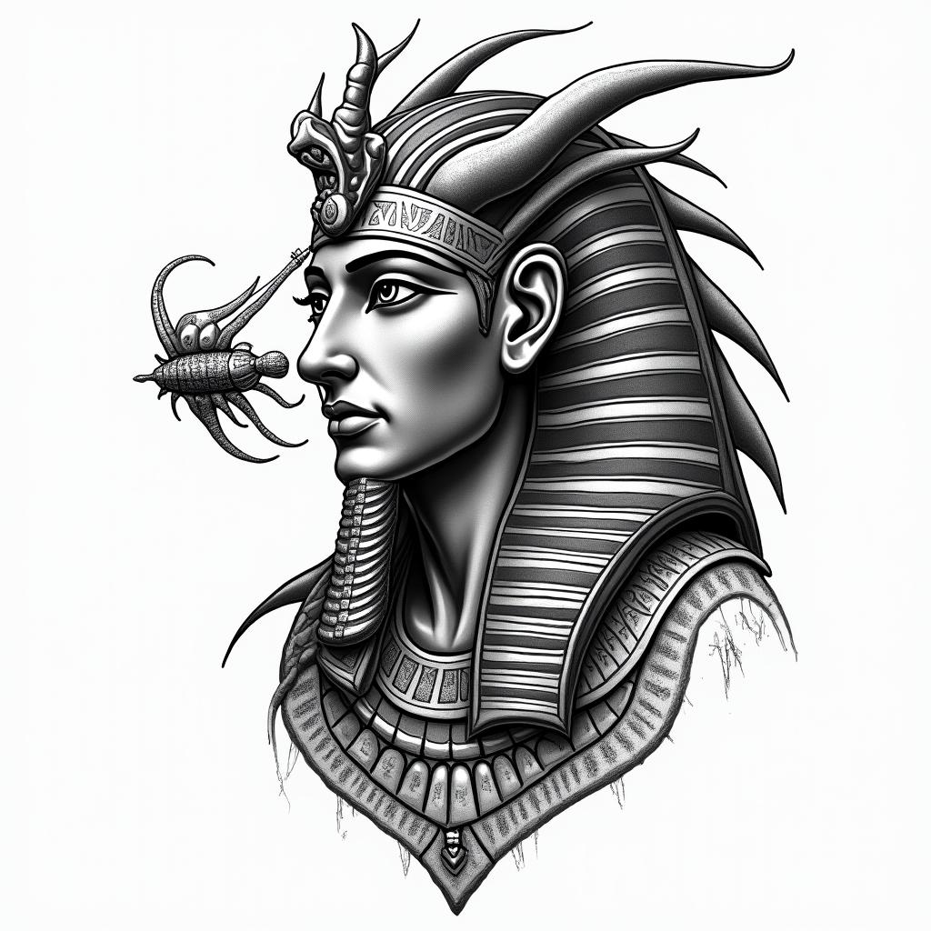 Dragonin egyptian style tattoo, bold elements of ancient egyptian culture including a portrait of an Egyptian pharaoh with detailed facial features, in hieroglyphs and symbolic imagery, eye of horus, ankh symbol, scarab beetle - Variation 3
