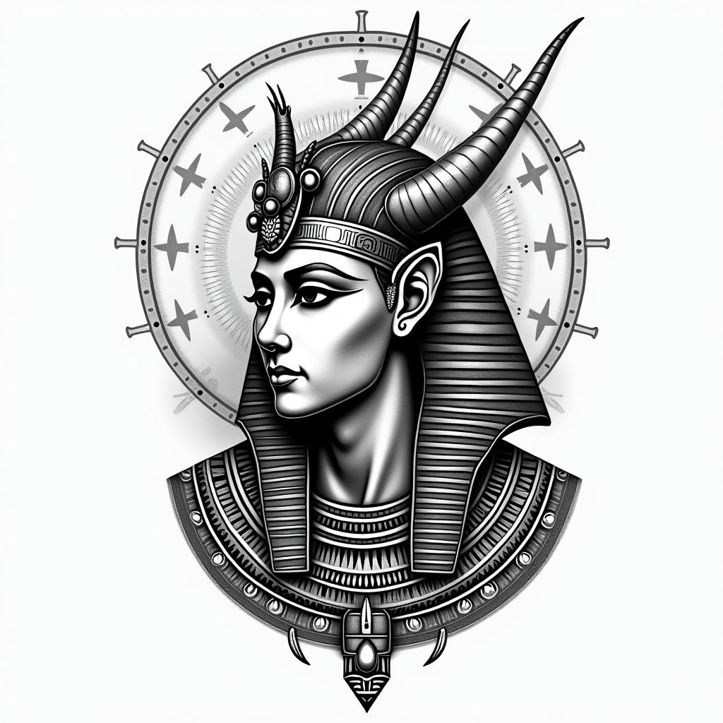 Dragonin egyptian style tattoo, bold elements of ancient egyptian culture including a portrait of an Egyptian pharaoh with detailed facial features, in hieroglyphs and symbolic imagery, eye of horus, ankh symbol, scarab beetle - Variation 4
