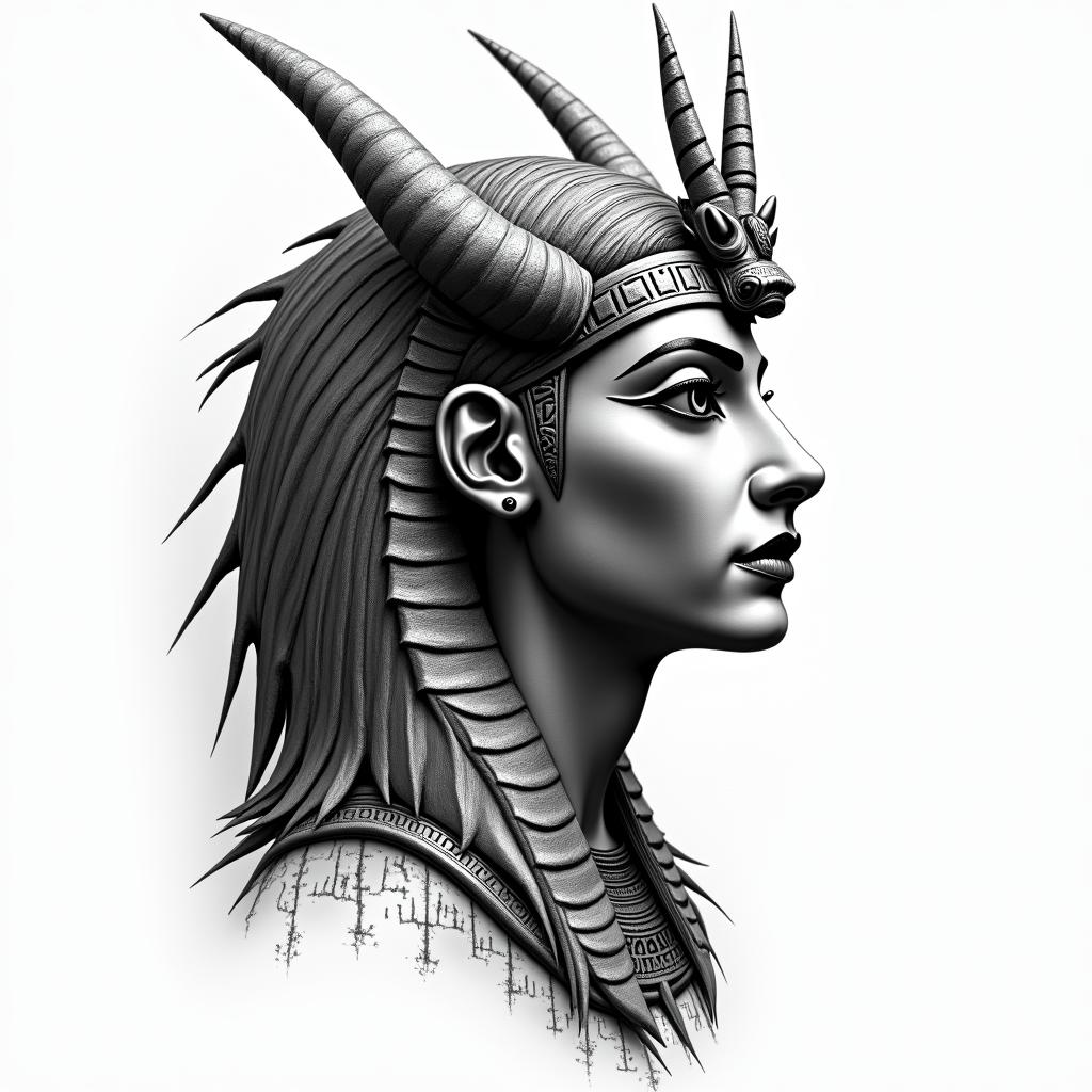 Dragonin egyptian style tattoo, bold elements of ancient egyptian culture including a portrait of an Egyptian pharaoh with detailed facial features, in hieroglyphs and symbolic imagery, eye of horus, ankh symbol, scarab beetle - Variation 2