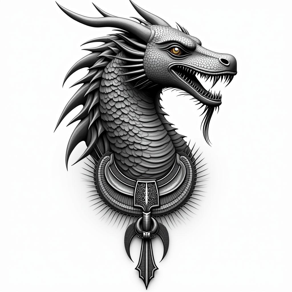 Dragonin egyptian style tattoo, bold elements of ancient egyptian culture including a portrait of an Egyptian pharaoh with detailed facial features, in hieroglyphs and symbolic imagery, eye of horus, ankh symbol, scarab beetle