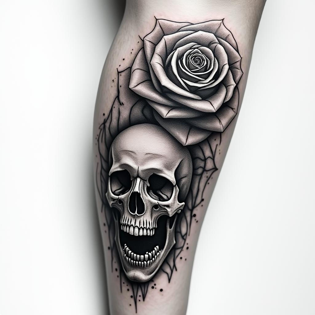 Realistic two roses tattoo, forearm, fine line in horror tattoo style, showcasing haunting and unsettling, dark and gritty textures with skulls, eerie faces, jgged designs, bold and intense shading - Variation 4