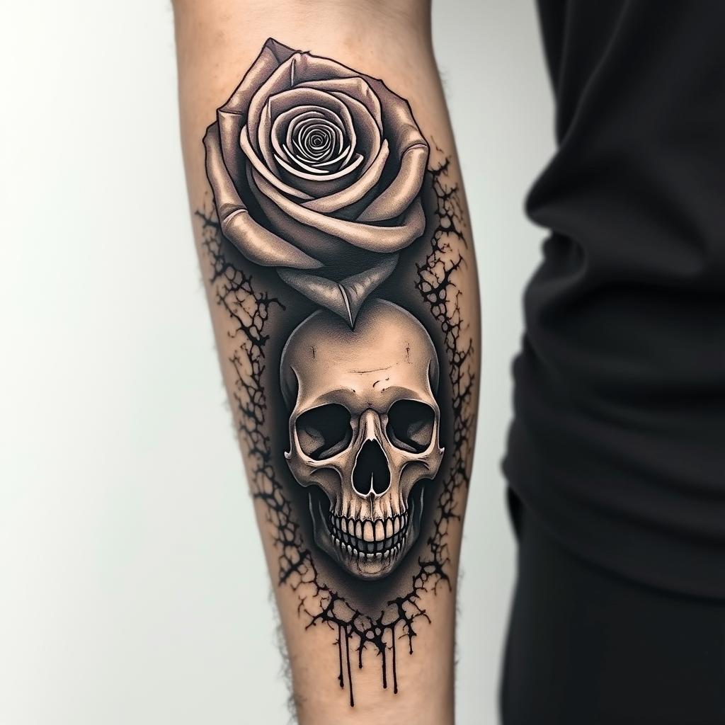 Realistic two roses tattoo, forearm, fine line in horror tattoo style, showcasing haunting and unsettling, dark and gritty textures with skulls, eerie faces, jgged designs, bold and intense shading - Variation 2