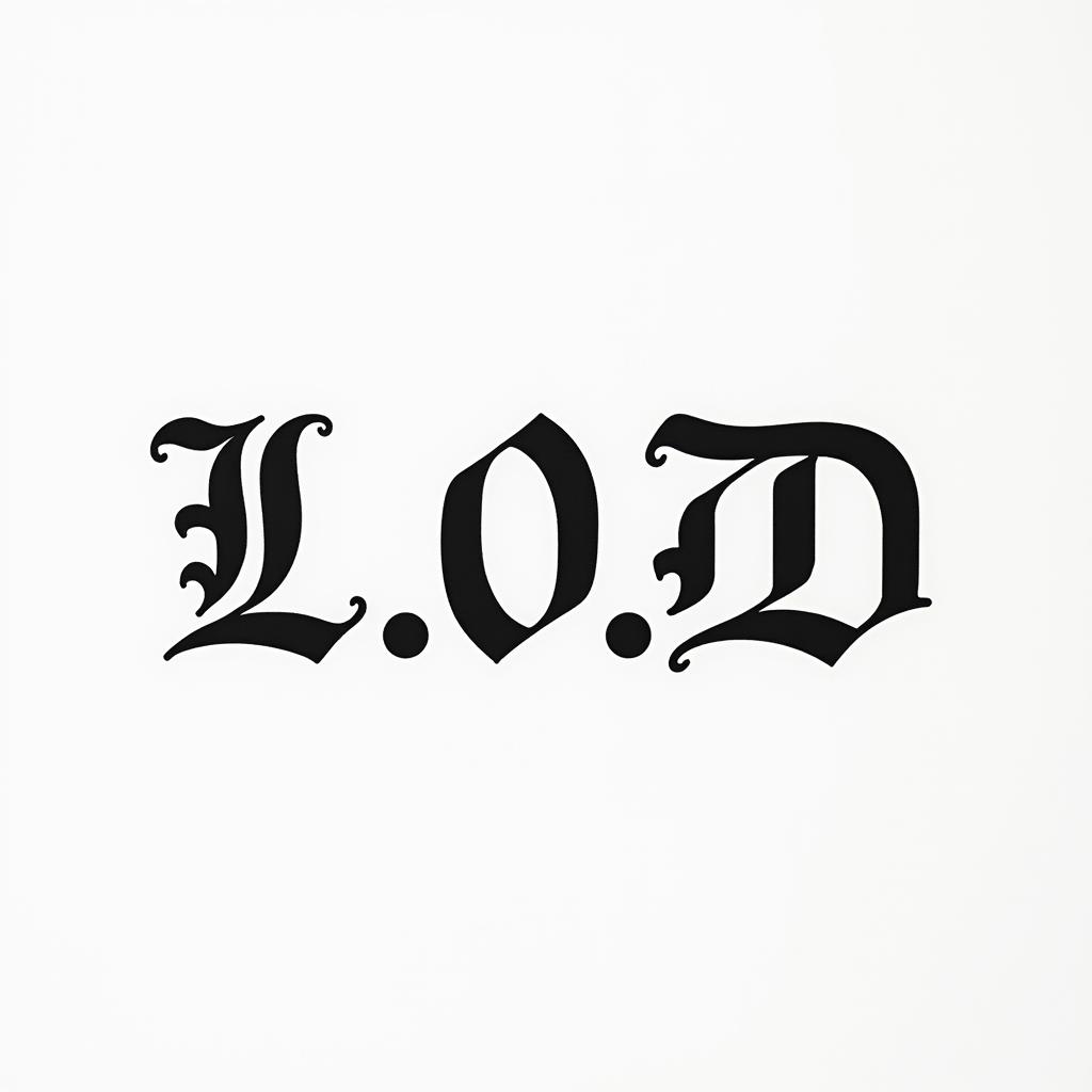 L.O.Dminimalist text-based tattoo, Monospace font ultra-realistic, perfectly placed, high-quality font design, photo-realistic shading, 8k, high quality, finely detailed typograph - Variation 3
