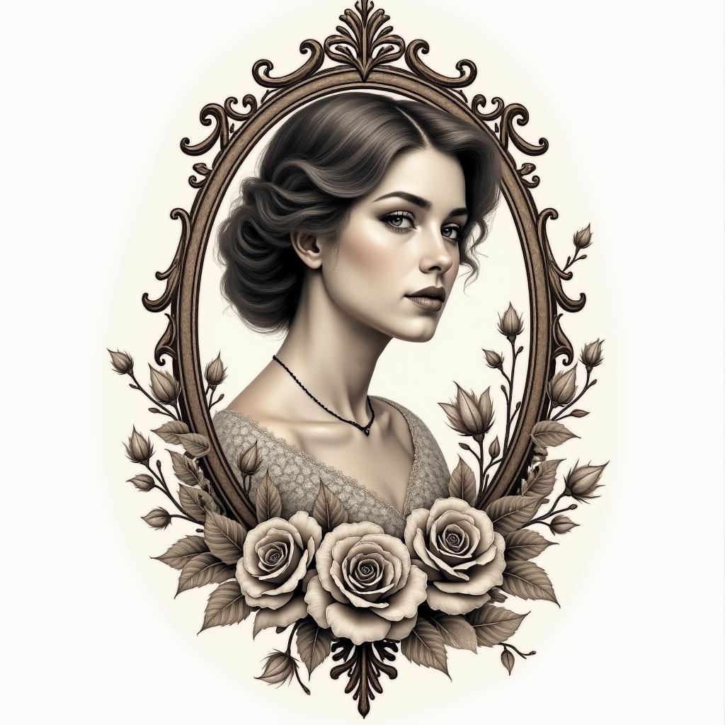 Survivor of sexual abuse as a child. Am raising my three children and step children alone.  I love the ocean, flowers, birds and nature because they are represent healing for me. God gives me the strength to find forgiveness. God sent me a beautiful granddaughter to breath life into me again.in victorian style tattoo, featuring vintage and elegant elements, ornate frames, roses, antique, sepia-toned color scheme - Variation 3