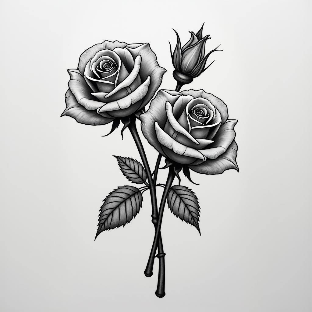Tattoo of two realistic roses, forearm, fine line.higly detailed tattoo - Variation 2