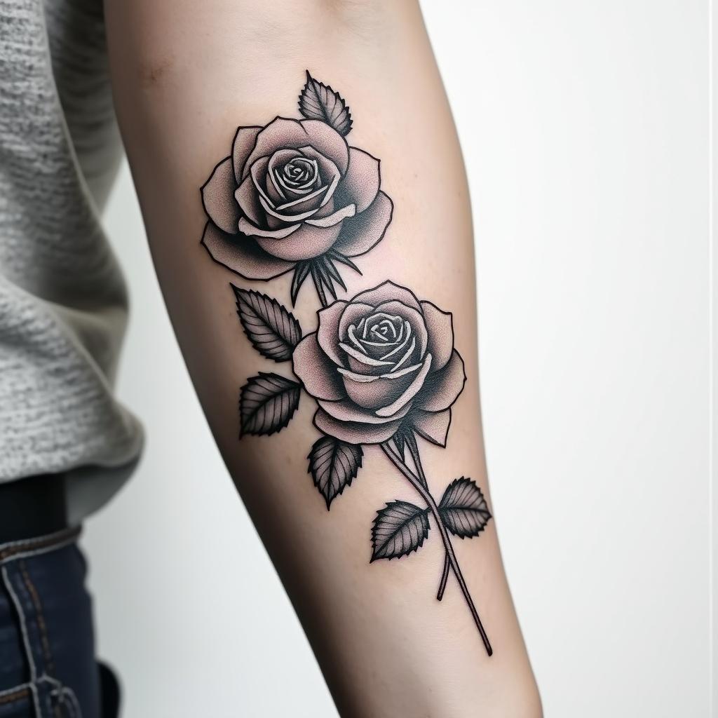 Tattoo of two realistic roses, forearm, fine line.higly detailed tattoo