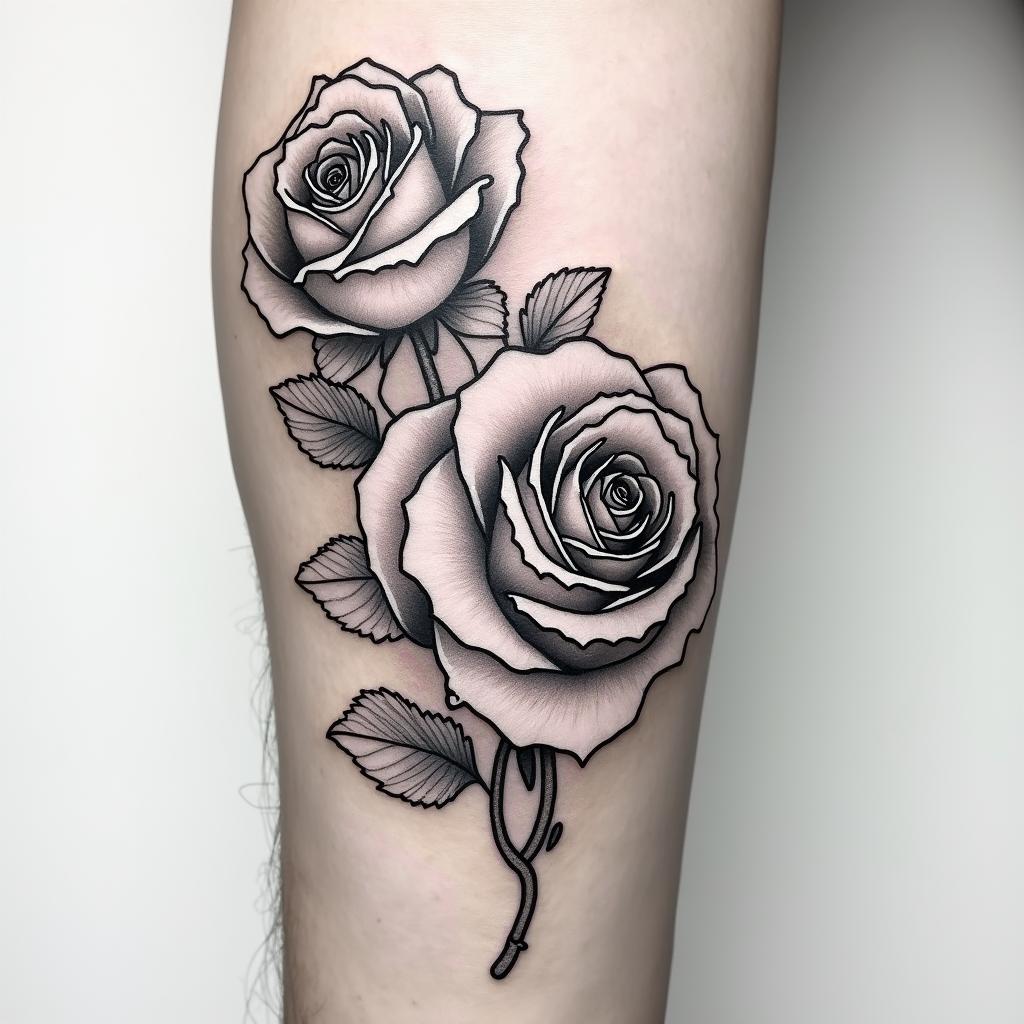 Tattoo of two realistic roses, forearm, fine line.higly detailed tattoo - Variation 4