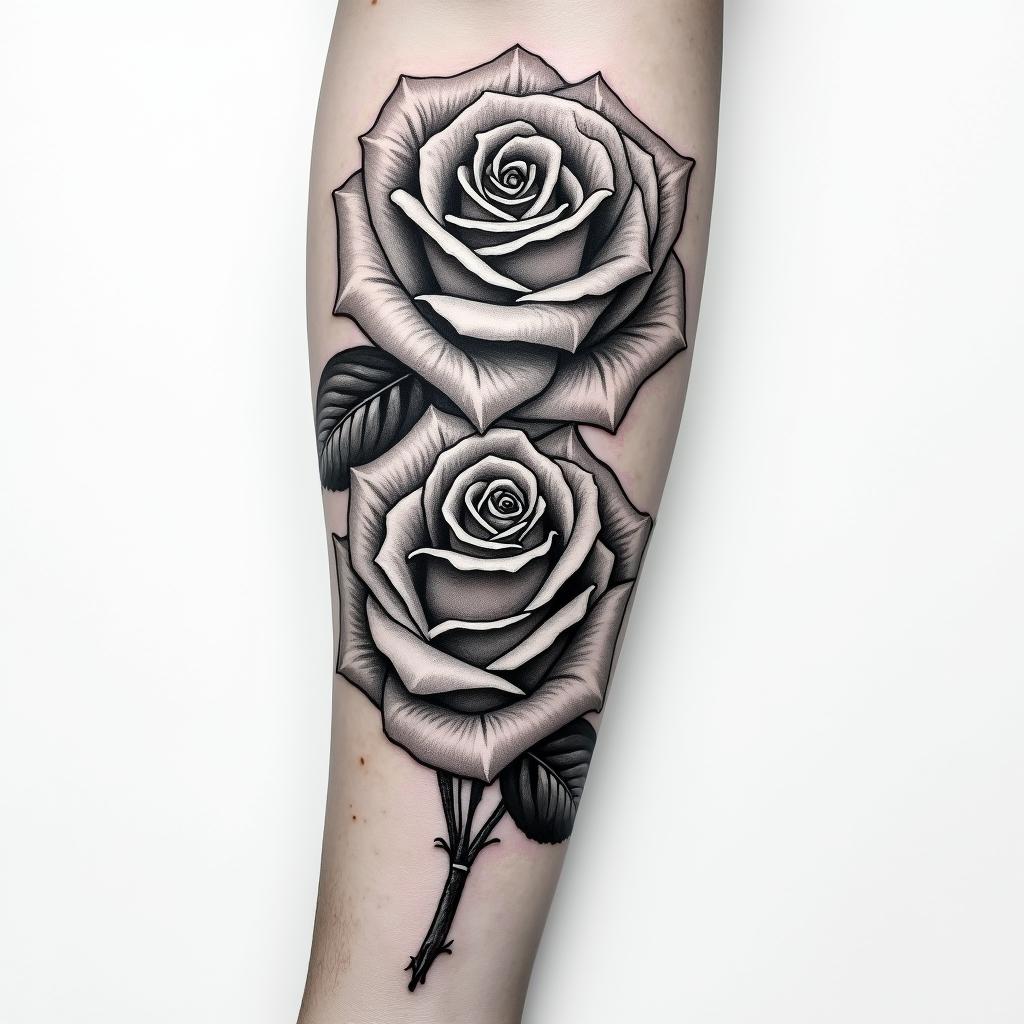 Tattoo of two realistic roses, forearm, fine line.higly detailed tattoo - Variation 3