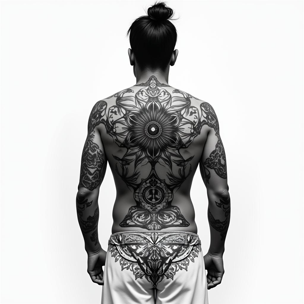 Back tattoo, spiritual, chakra, tantric, warrior higly detailed tattoo - Variation 2
