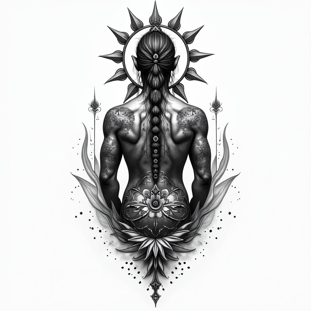 Back tattoo, spiritual, chakra, tantric, warrior higly detailed tattoo - Variation 4