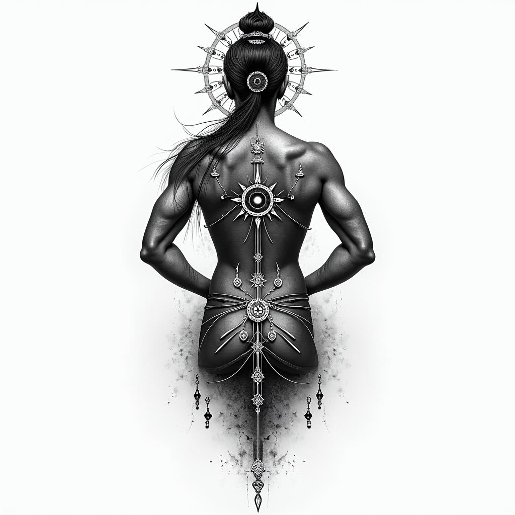 Back tattoo, spiritual, chakra, tantric, warrior higly detailed tattoo