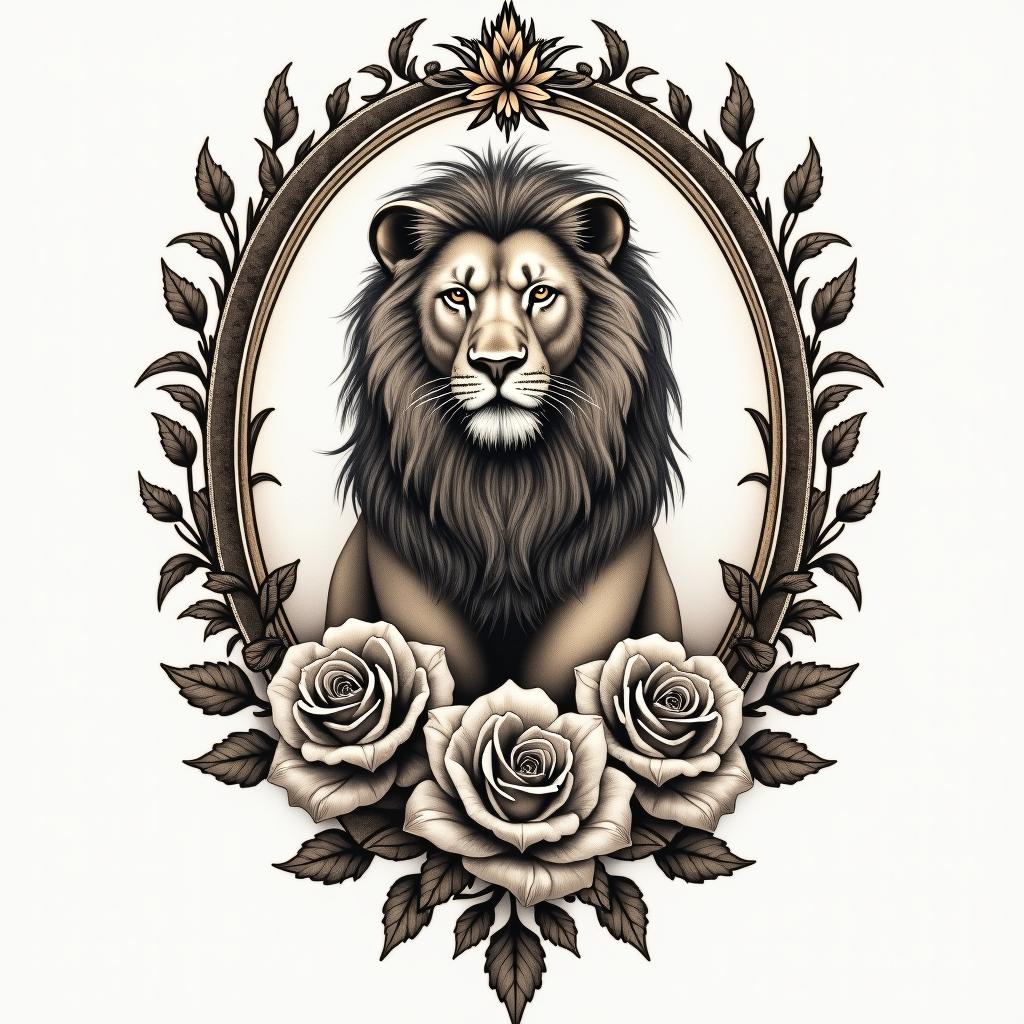 Leo lion zodiac floral femininein victorian style tattoo, featuring vintage and elegant elements, ornate frames, roses, antique, sepia-toned color scheme - Variation 4