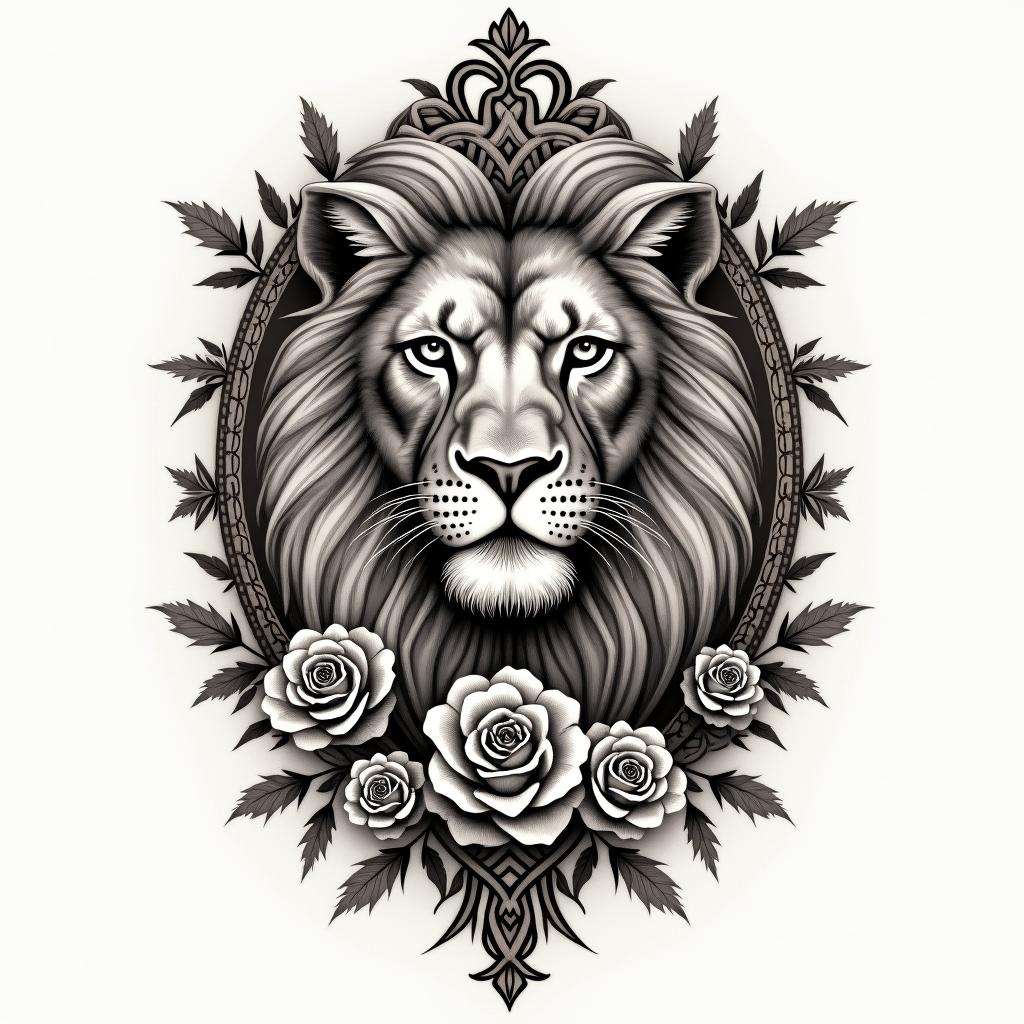 Leo lion zodiac floral femininein victorian style tattoo, featuring vintage and elegant elements, ornate frames, roses, antique, sepia-toned color scheme