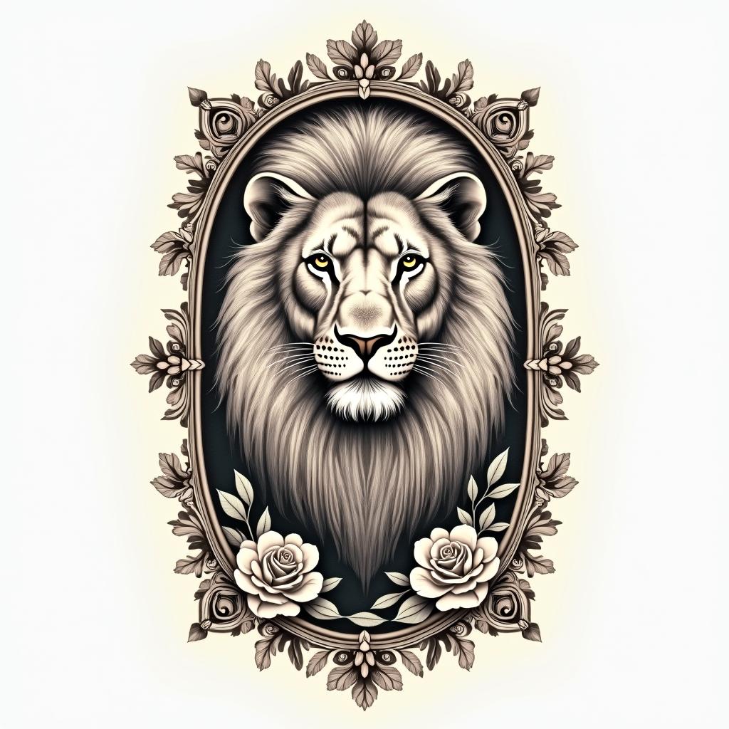 Leo lion zodiac floral femininein victorian style tattoo, featuring vintage and elegant elements, ornate frames, roses, antique, sepia-toned color scheme - Variation 2