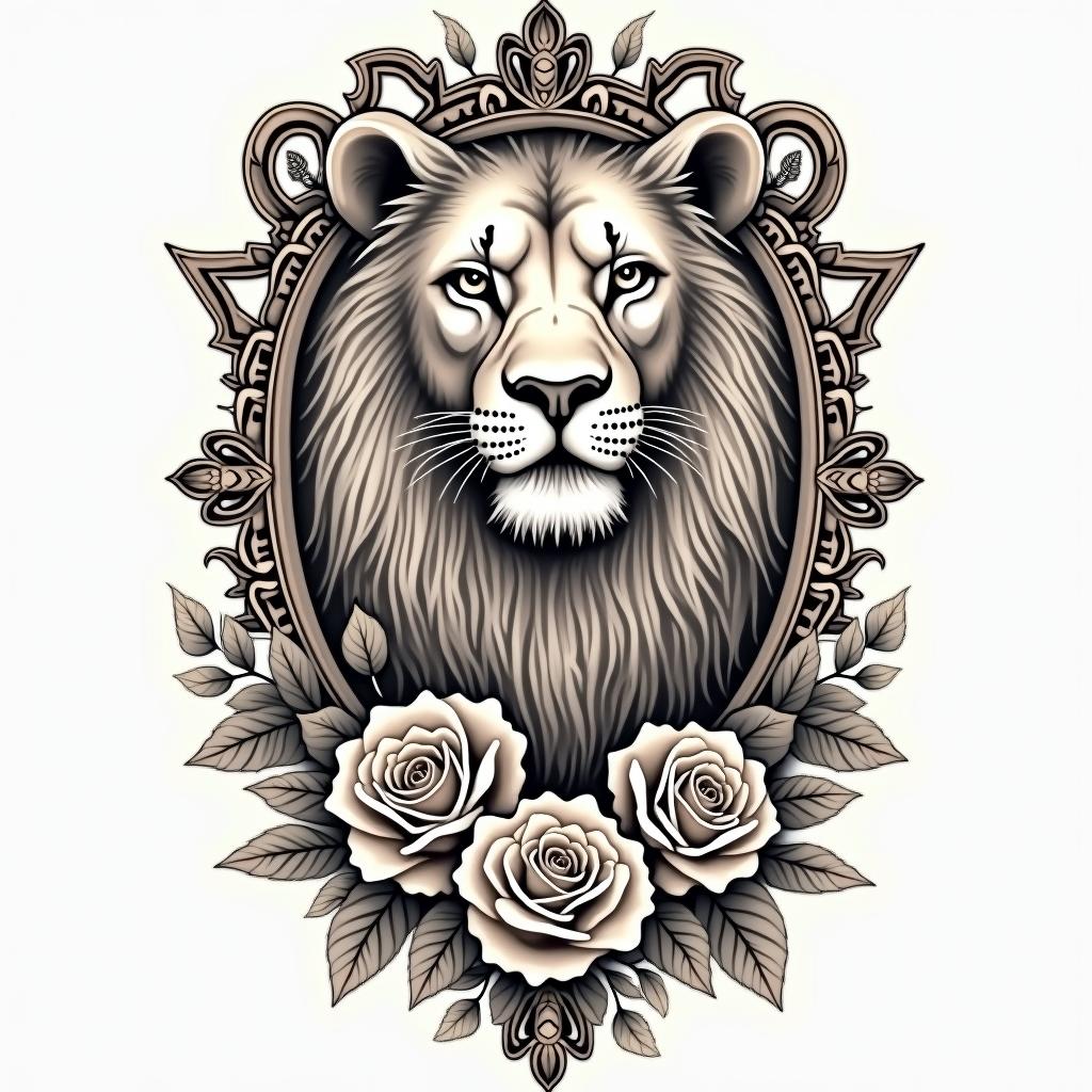 Leo lion zodiac floral femininein victorian style tattoo, featuring vintage and elegant elements, ornate frames, roses, antique, sepia-toned color scheme - Variation 3