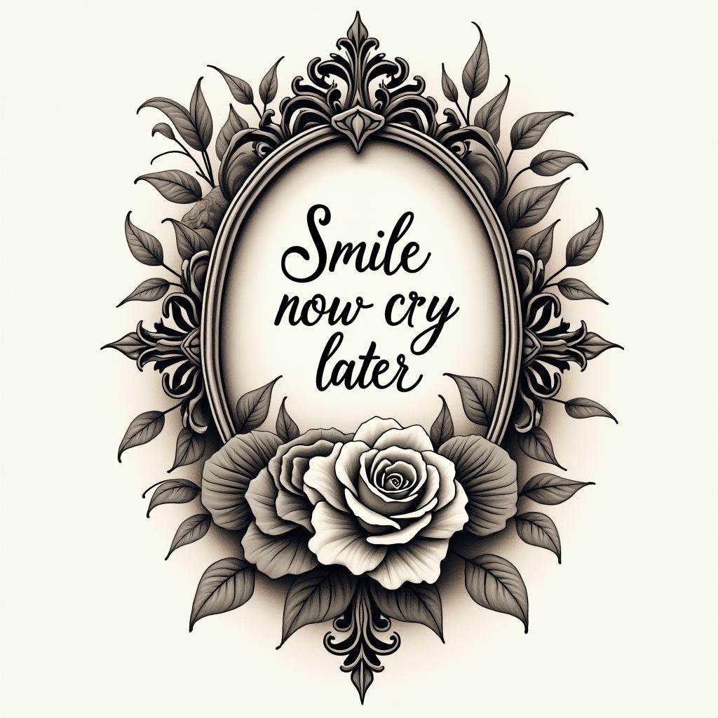 Smile now cry laterin victorian style tattoo, featuring vintage and elegant elements, ornate frames, roses, antique, sepia-toned color scheme - Variation 3
