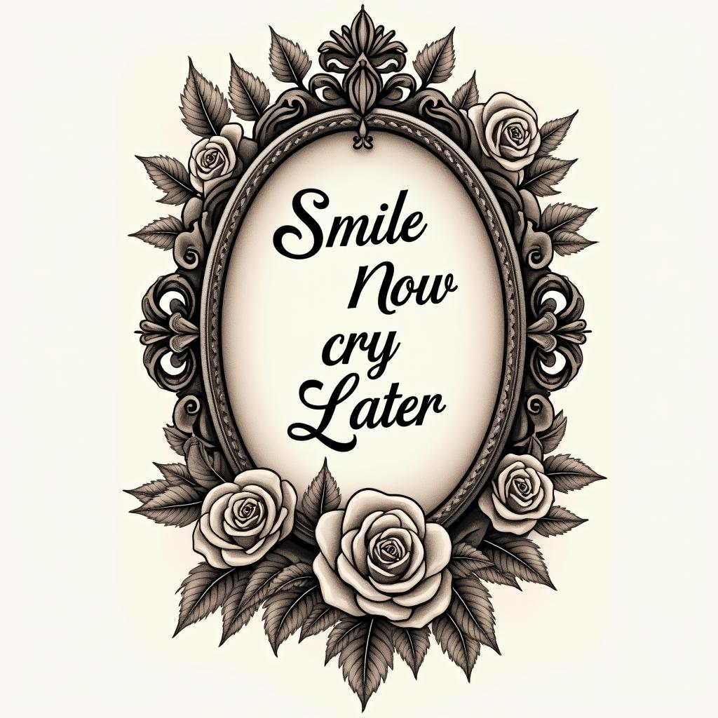 Smile now cry laterin victorian style tattoo, featuring vintage and elegant elements, ornate frames, roses, antique, sepia-toned color scheme - Variation 4