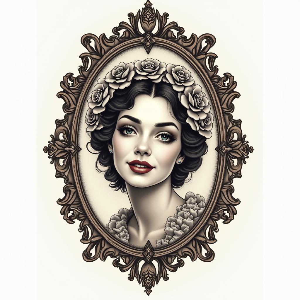 Smile now cry laterin victorian style tattoo, featuring vintage and elegant elements, ornate frames, roses, antique, sepia-toned color scheme - Variation 2