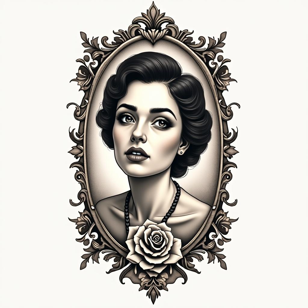 Smile now cry laterin victorian style tattoo, featuring vintage and elegant elements, ornate frames, roses, antique, sepia-toned color scheme