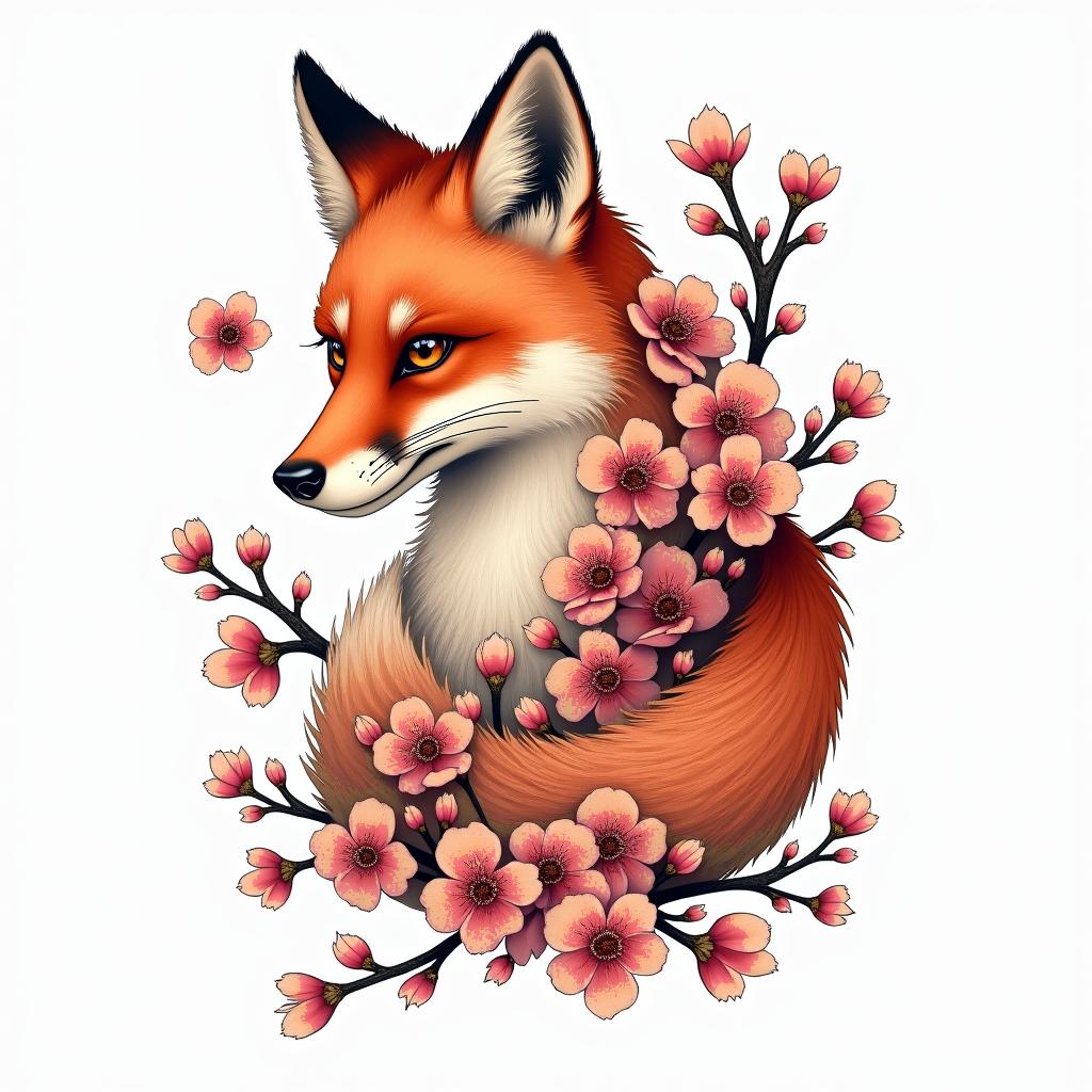 Cherry blossoms wrapped around a fox.in japanese style tattoo, detailed tattoo, traditional japanese culture tattoo, mythology, 8k