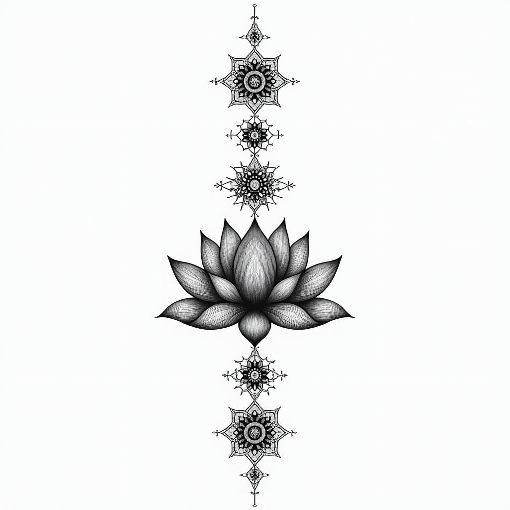 The 7 chakra symbols vertically placed above a simple lotus flower.in dotwork style tattoo, complex mandala patterns, interlocking geometric shapes with sharp symmetry, clean lines, sharp angles - Variation 2
