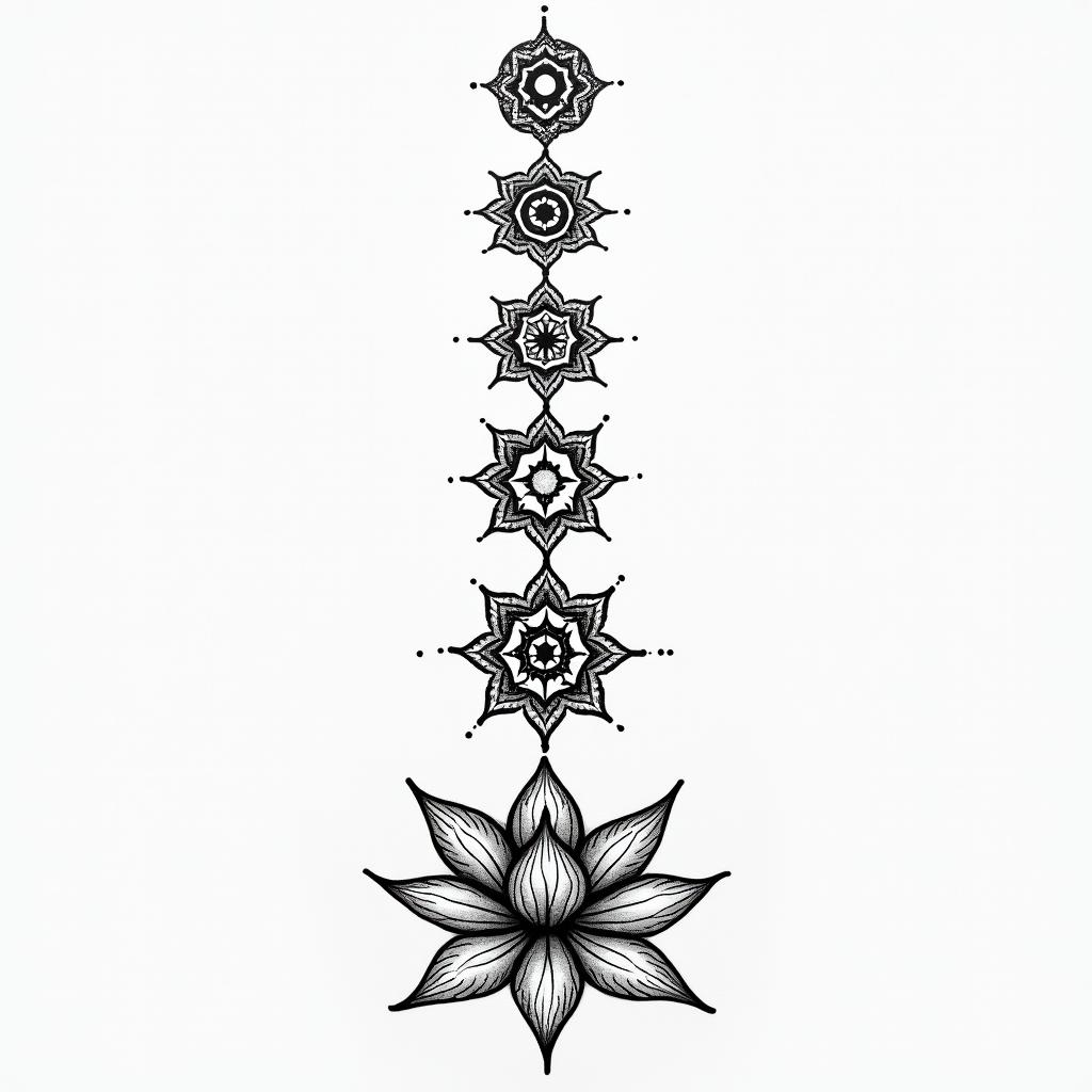 The 7 chakra symbols vertically placed above a simple lotus flower.in dotwork style tattoo, complex mandala patterns, interlocking geometric shapes with sharp symmetry, clean lines, sharp angles