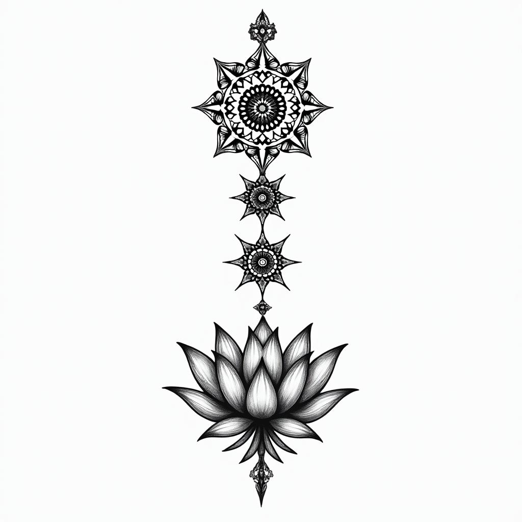 The 7 chakra symbols vertically placed above a simple lotus flower.in dotwork style tattoo, complex mandala patterns, interlocking geometric shapes with sharp symmetry, clean lines, sharp angles - Variation 4