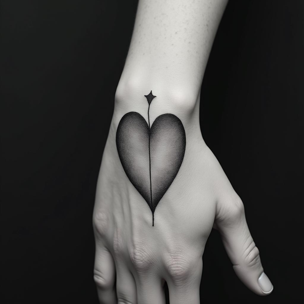 Broken heartin minimalist style tattoo, featuring simple shapes and fine lines, with minimal shading and details, tiny triangles, creating a sense of balance and harmony